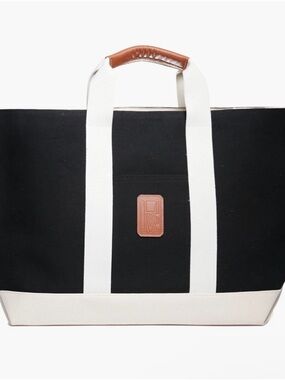 Rue De Verneuil XL Black & Cream tool Tote with Brown Leather Trim